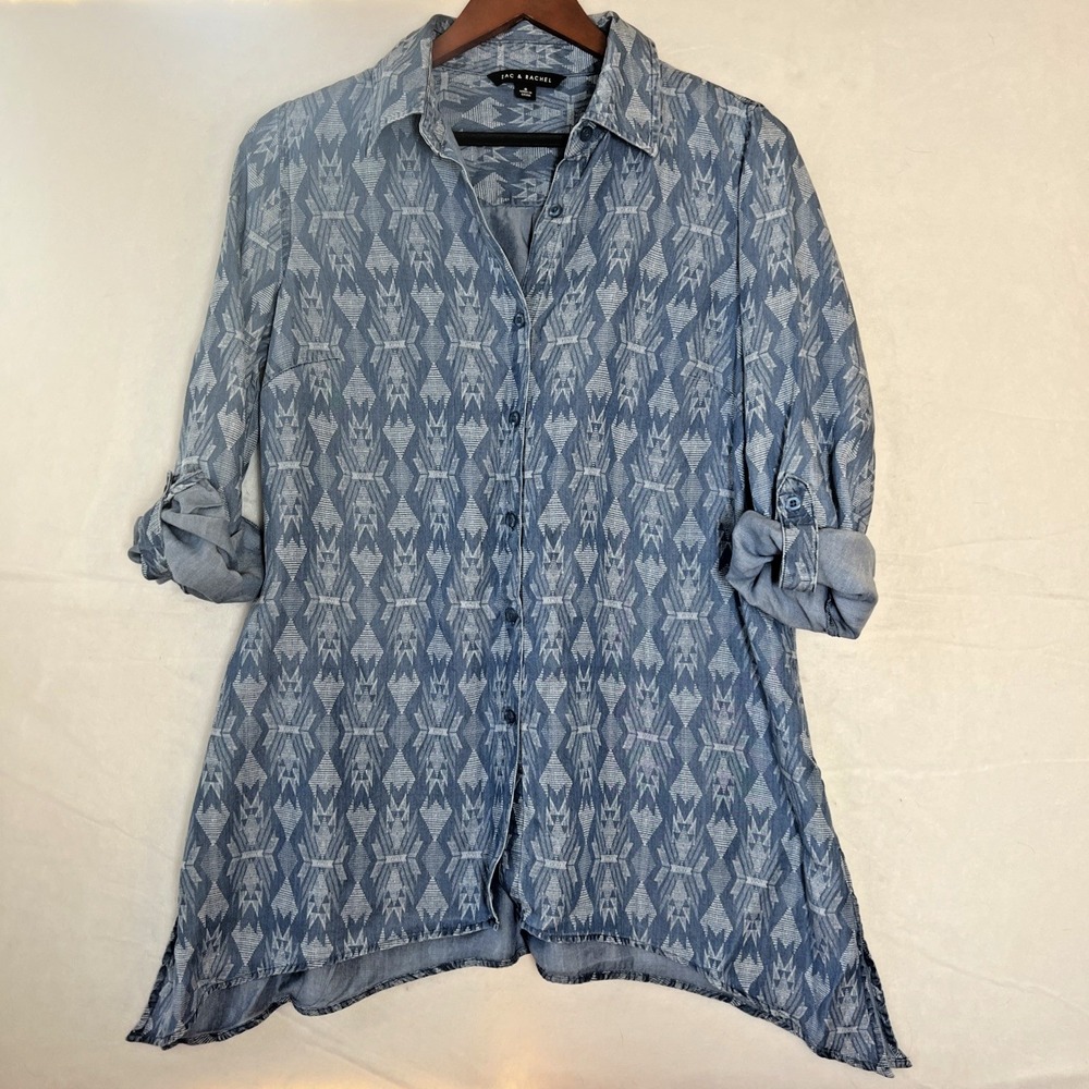 Zac & Rachel Blouse Ikat Desert Button Up Tunic Shirt Blue &‎ White Size Small